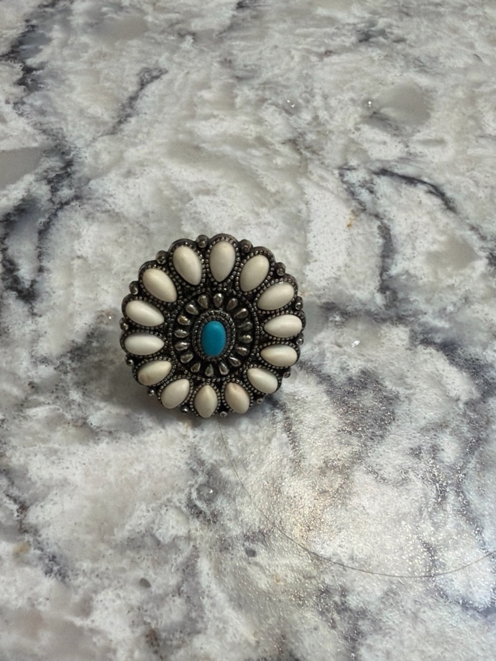 Vintage-Inspired White and Turquoise Floral Statement Ring